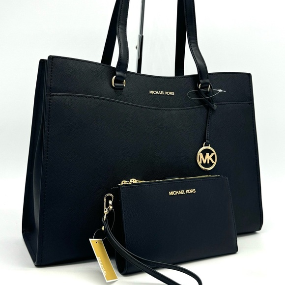 Michael Kors Large MF Pocket Shoulder Tote Bag & Double Zip Wallet Black/Gold - Picture 3 of 16
